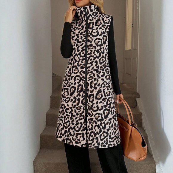 Casual Women's Leopard print Zip up Long Vest Jacket With Pockets - Picture 1 of 6